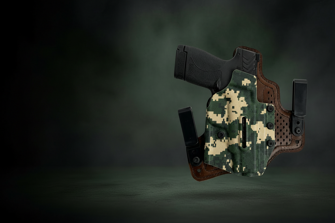 A tactical holster featuring a green and beige digital camouflage pattern with brown leather trim, shown holding a black handgun against a plain white background.