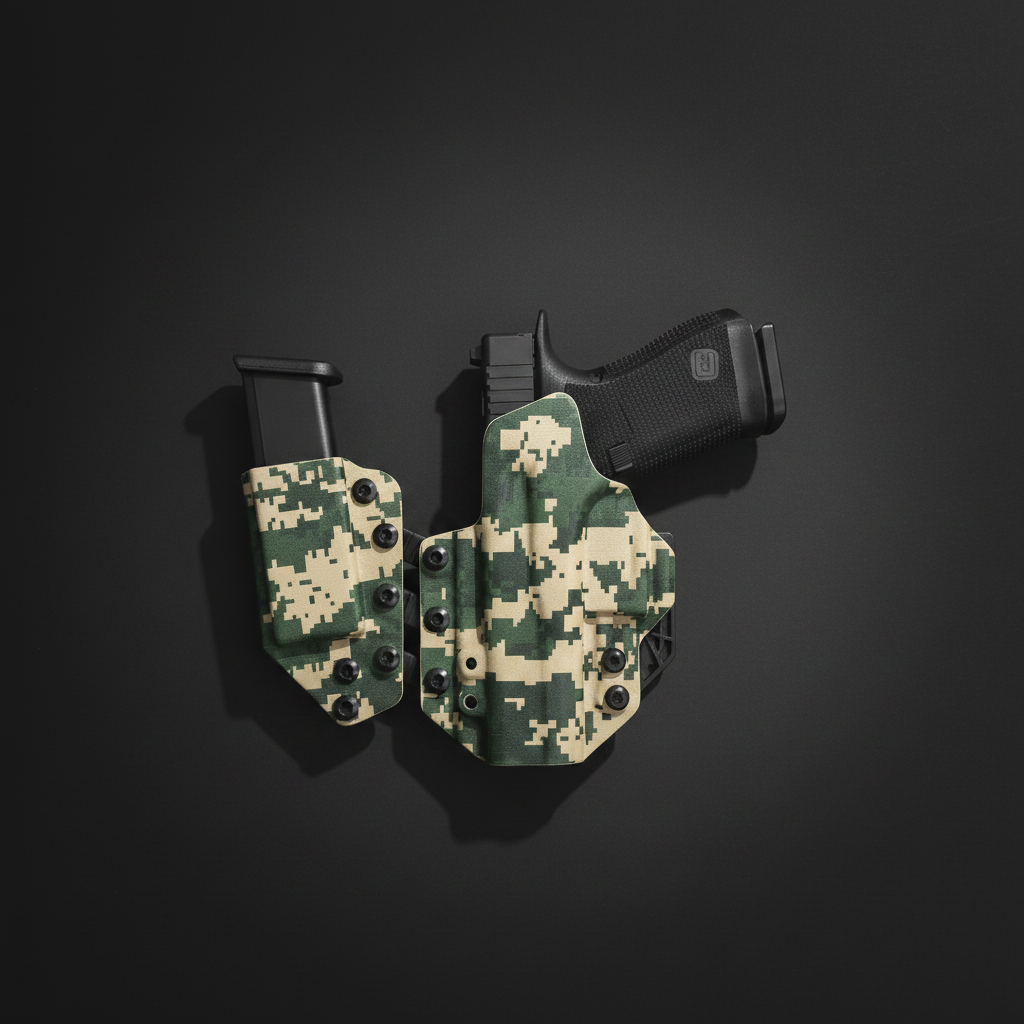 A digital camouflage holster containing a black handgun, magazine, and belt loops, shown against a plain  black background.