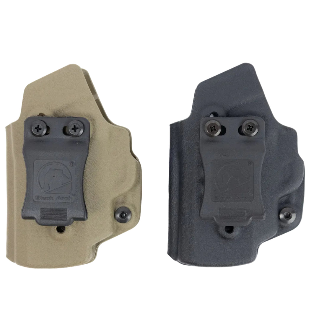 Two gun holsters, one beige and one black, on a white background