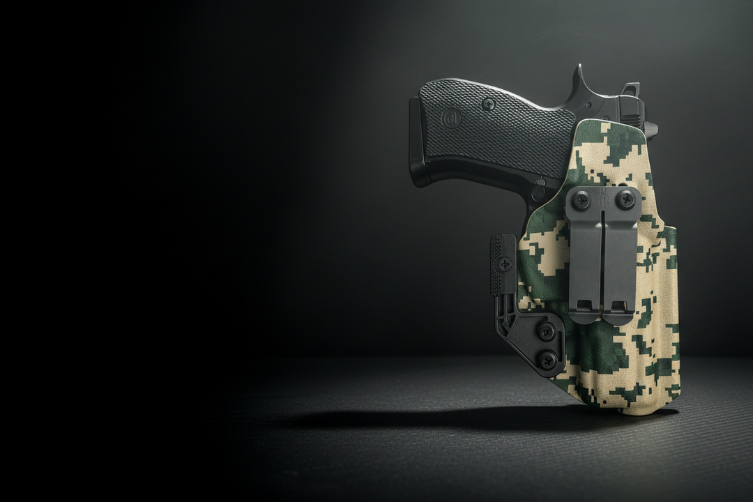 A black semi-automatic pistol in a digital camouflage holster with a black quick-release clip, shown on a white background with a soft drop shadow.