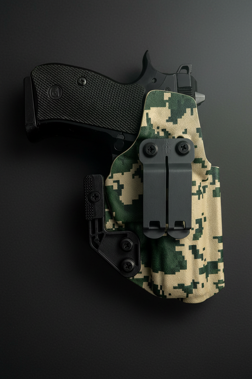 A black semi-automatic pistol in a digital camouflage holster with a black quick-release clip, shown on a white background with a soft drop shadow.