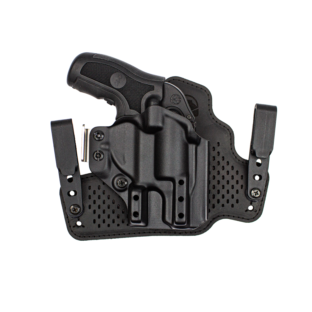 Right-handed Gradient Hybrid holster for Ruger LCR, featuring a full black shell and breathable black backer, equipped with polymer clips.
